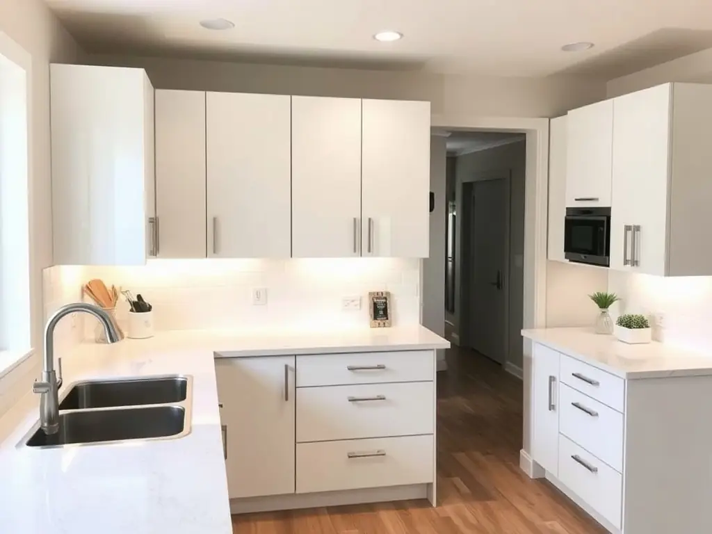 A modern kitchen renovation showcasing new cabinets, countertops, and lighting, highlighting the transformation and improved functionality.