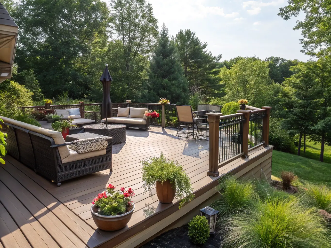 A spacious wooden deck with seating and lighting, built by Hopkins Homeworx, showcasing the quality of craftsmanship and inviting outdoor space.