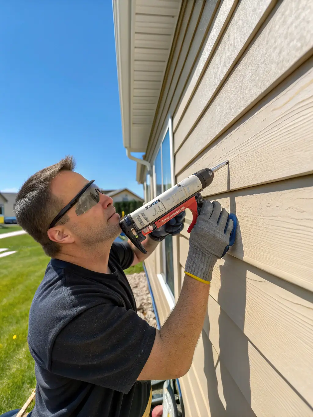 A picture of Hopkins Homeworx team repairing a damaged exterior wall of a house, showing the process of replacing siding and ensuring a weather-tight seal, highlighting their repair expertise.