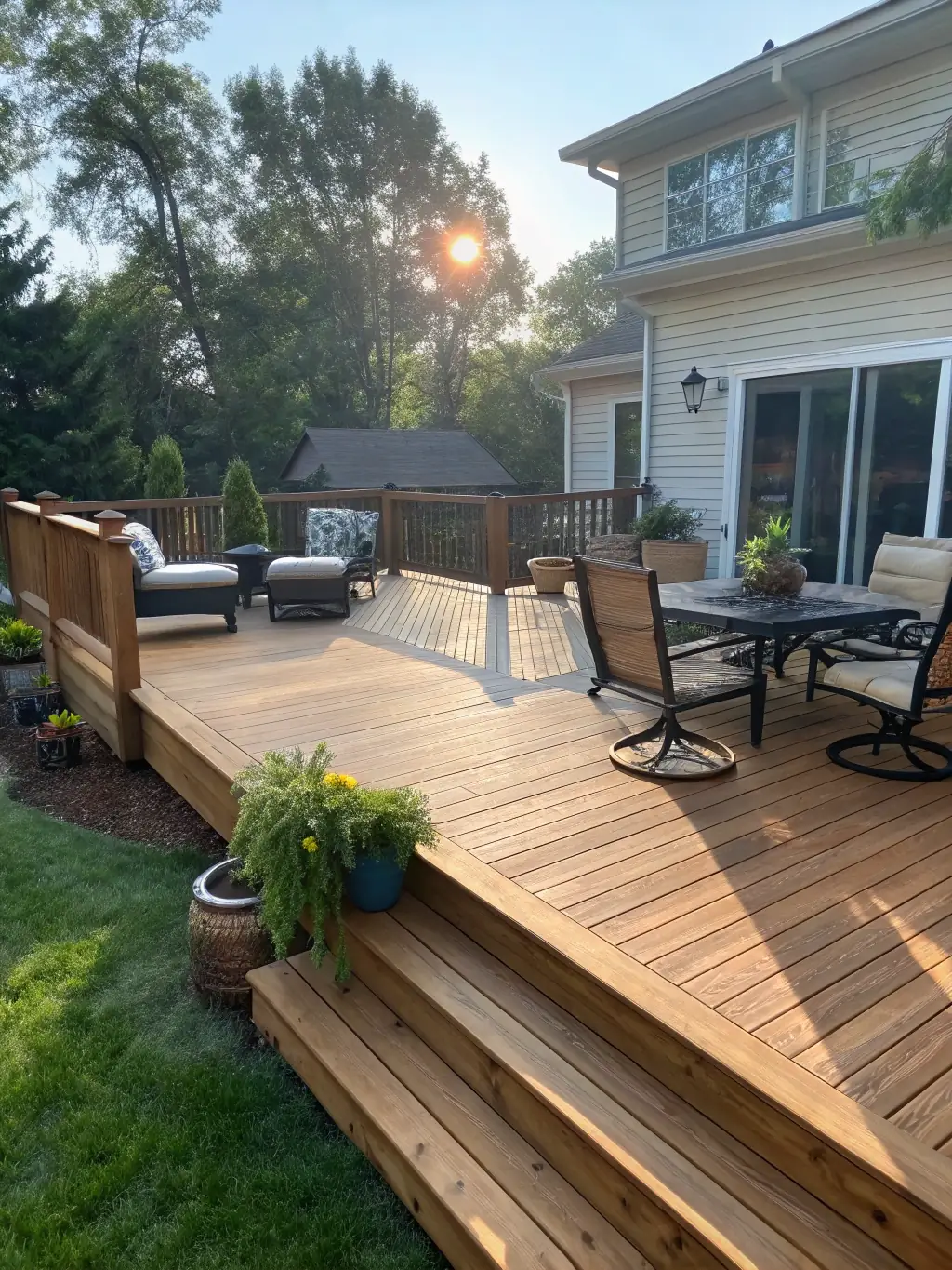 A newly constructed wooden deck with a built-in seating area, highlighting Hopkins Homeworx's skill in creating custom outdoor living spaces.