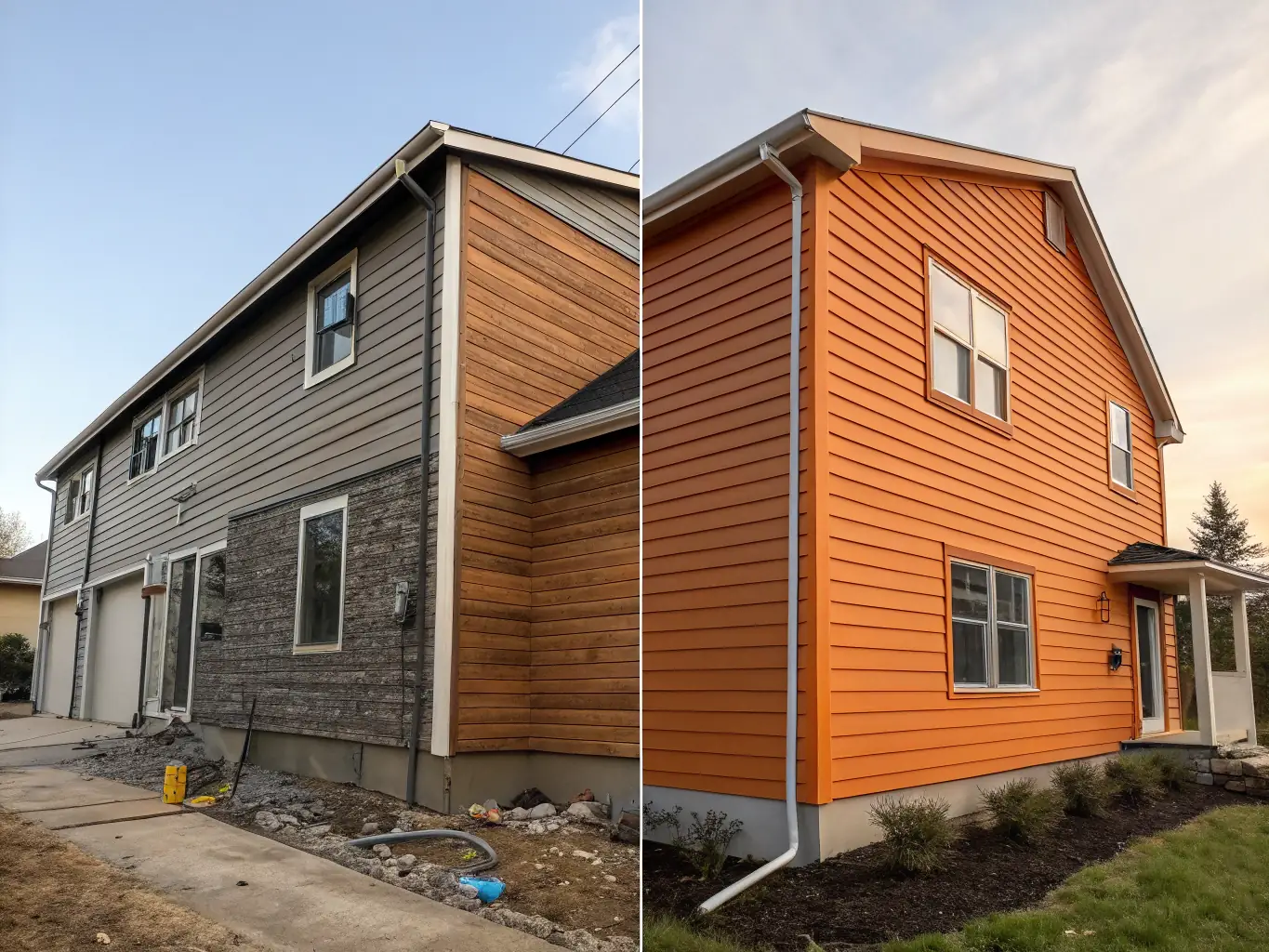 A before-and-after image of exterior siding repair on a residential home, demonstrating the improvement in appearance and protection.