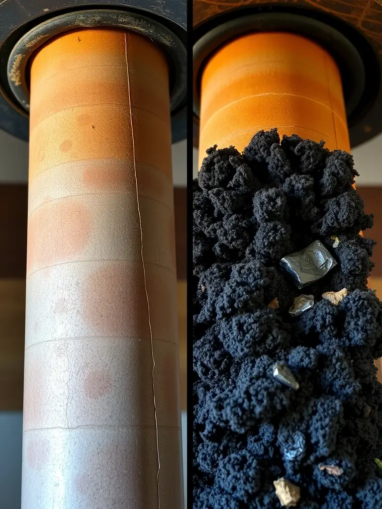 An image of a restored chimney by Hopkins Homeworx, showing the before-and-after transformation, highlighting the safety and aesthetic improvements made to the chimney structure.