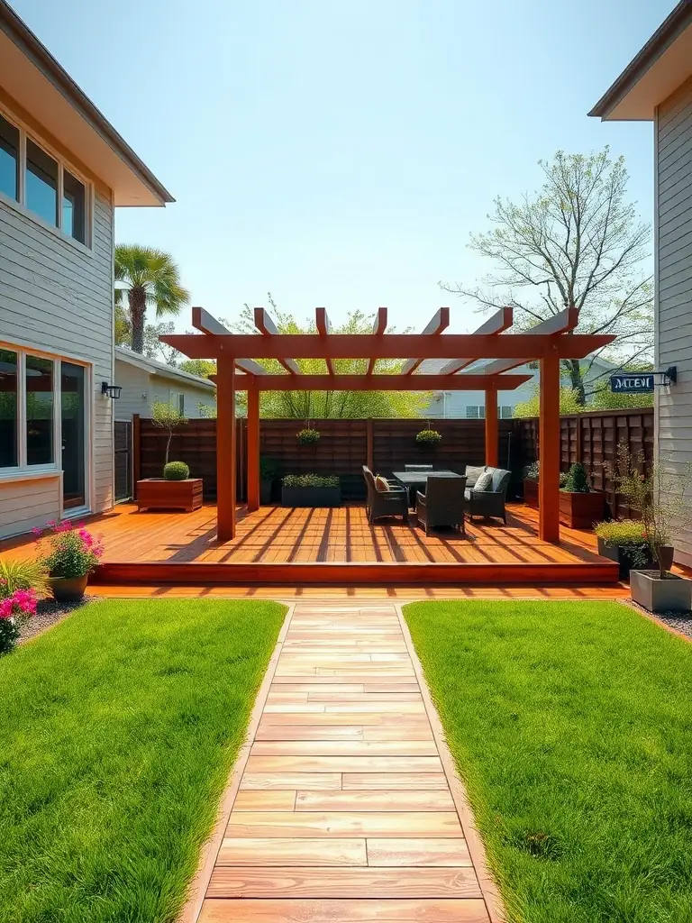 A photo of a custom-built deck by Hopkins Homeworx, featuring intricate carpentry details, comfortable seating, and a beautiful outdoor setting, showcasing their custom carpentry skills.