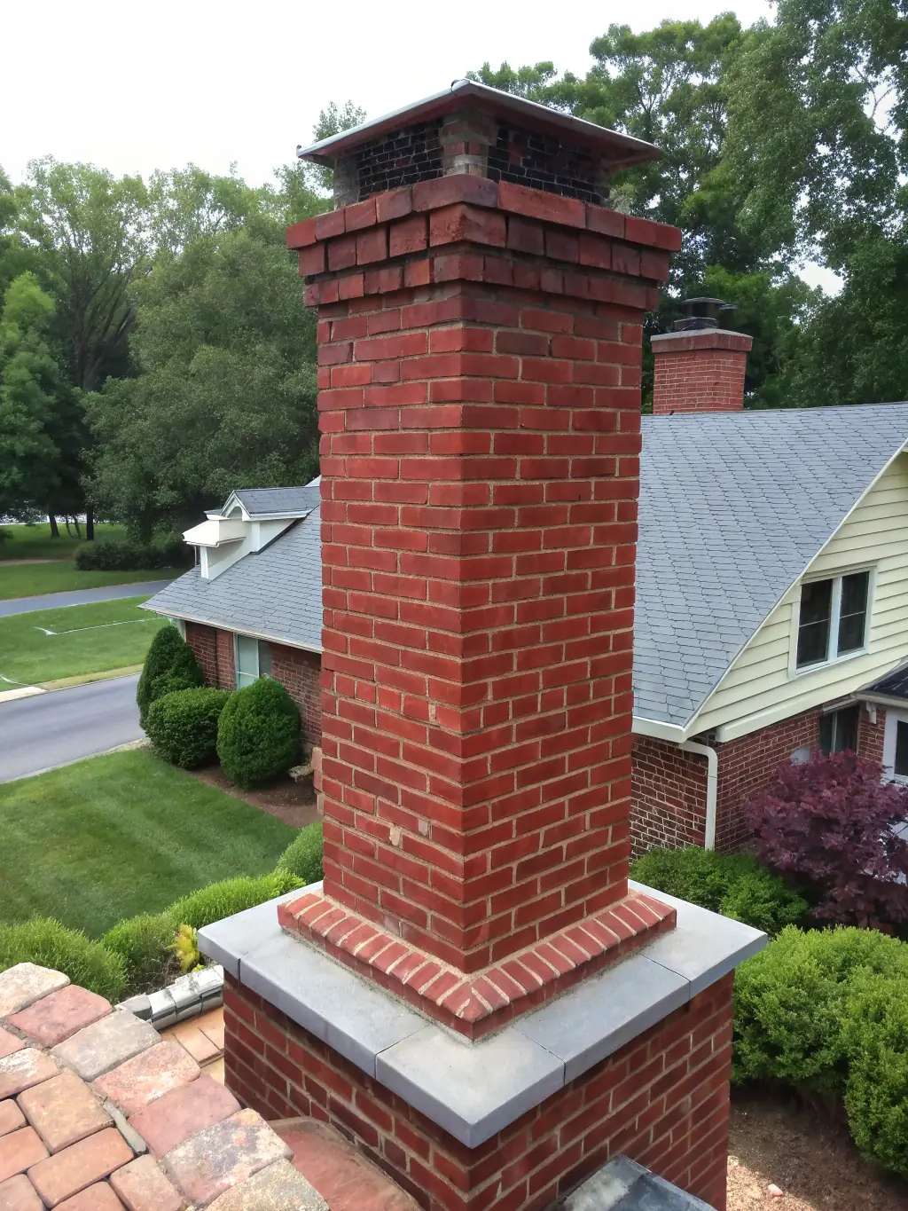 A before-and-after shot of a chimney restoration project, demonstrating Hopkins Homeworx's ability to repair and restore damaged chimneys to their original condition.
